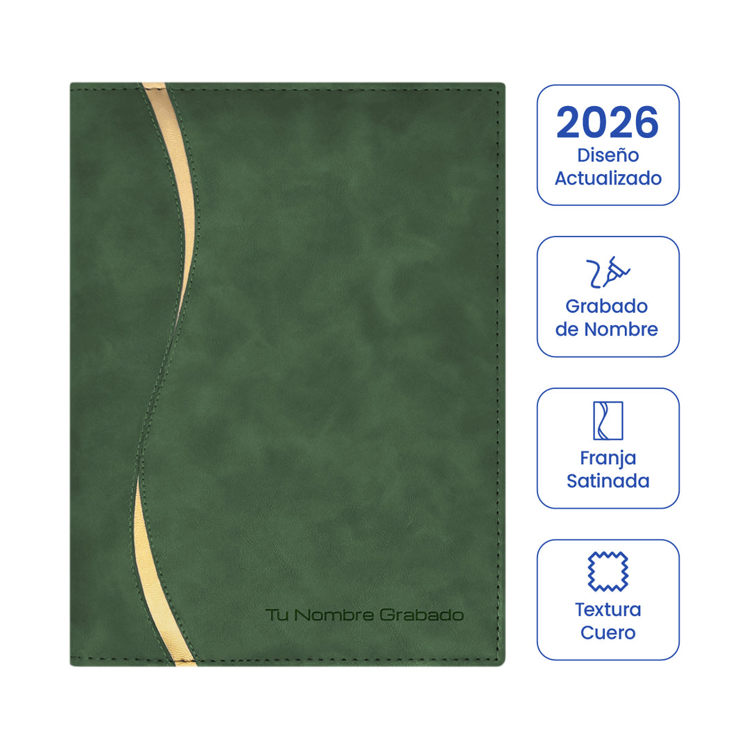 Cubierta de la Agenda Ejecutiva 2026 Verde Onda + Grabado Personalizado.