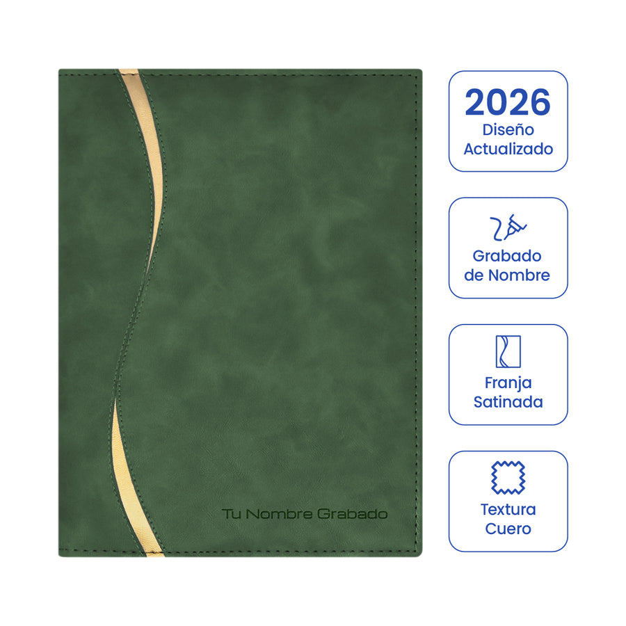 Cubierta de la Agenda Ejecutiva 2026 Verde Onda + Grabado Personalizado.