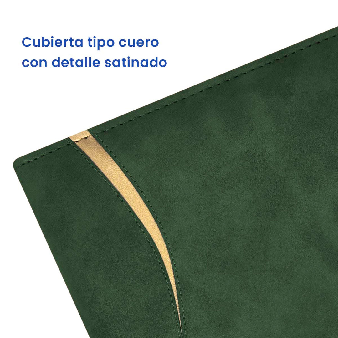 Detalle Satinado de Agenda Ejecutiva 2026 Verde Onda + Grabado Personalizado.
