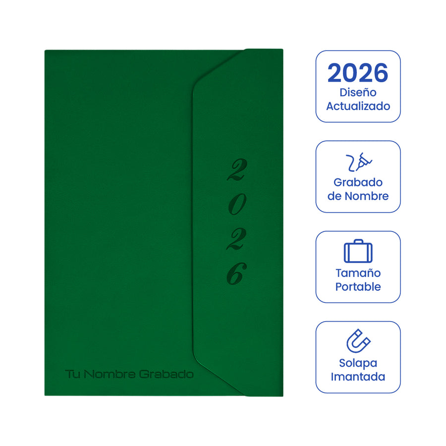 Cubierta de Agenda Ejecutiva 2026 Verde Solapa (A5) + Grabado Personalizado.