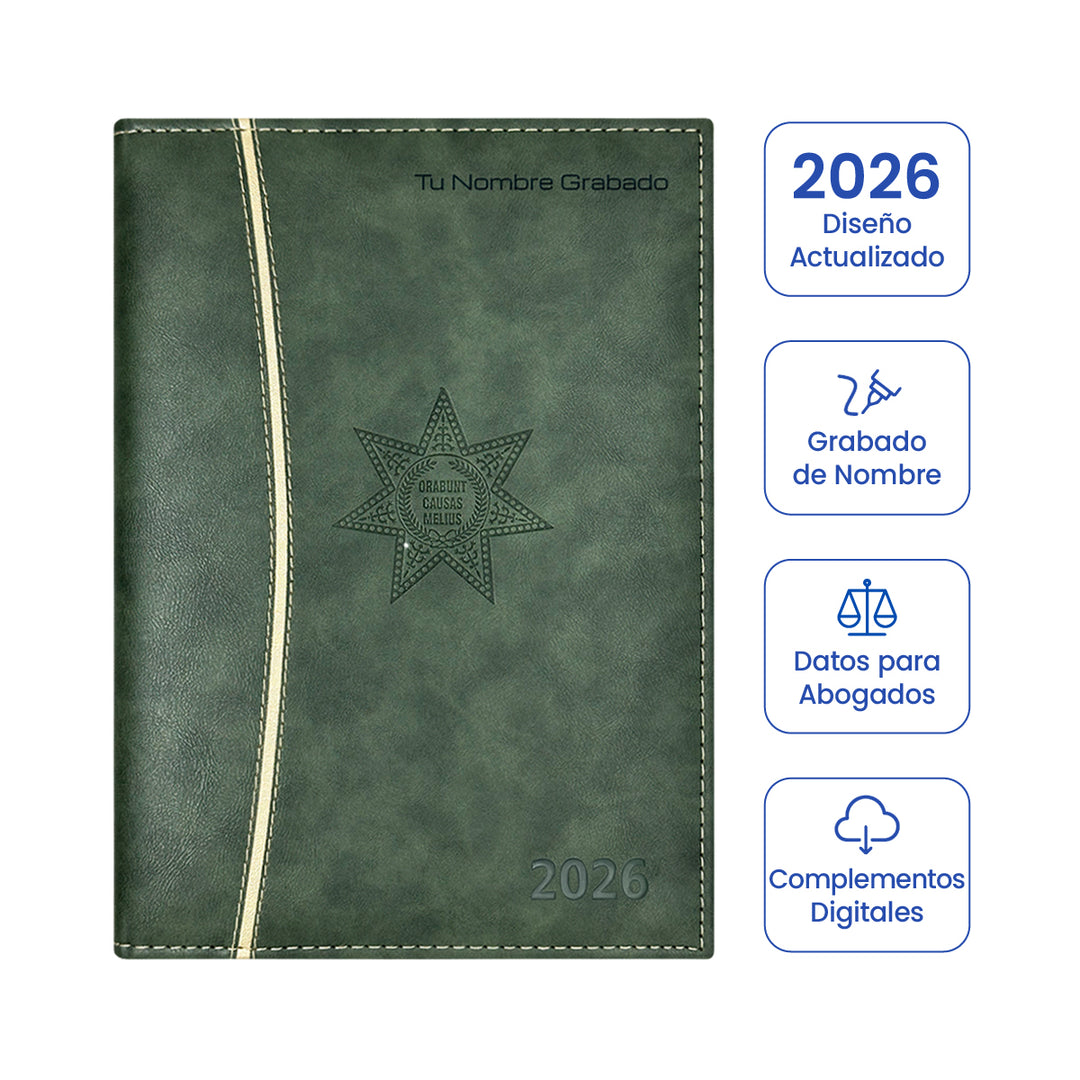 Cubierta de Agenda para Abogado 2026 Verde + Grabado Personalizado.