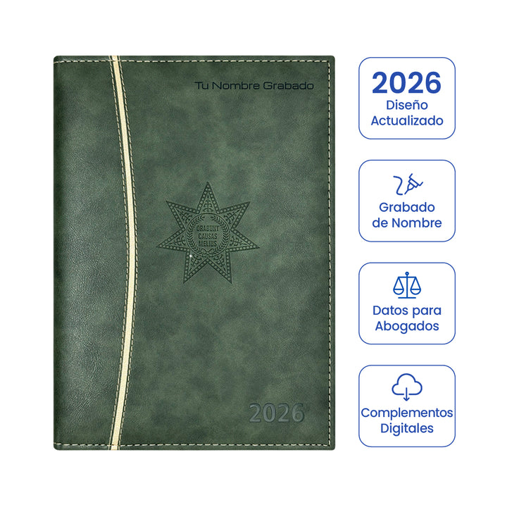 Cubierta de Agenda para Abogado 2026 Verde + Grabado Personalizado.