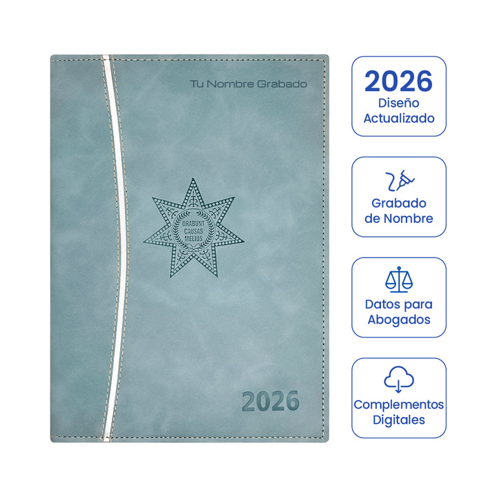 Cubierta de Agenda para Abogado 2026 Azul Celeste + Grabado Personalizado.