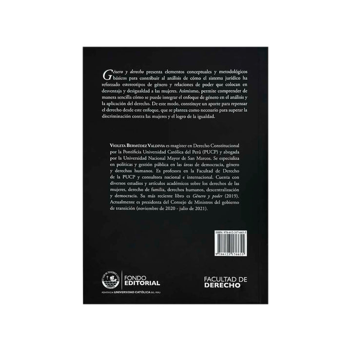 Contracubierta del libro Género y Derecho, de Violeta Bermúdez Valdivia.