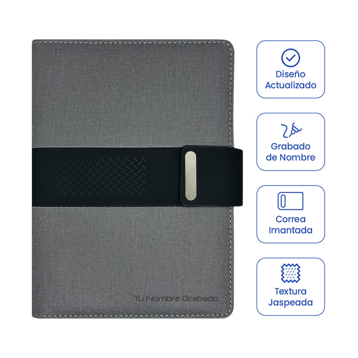 Cubierta de Libreta Ejecutiva Pioner Gris + Grabado + 100 Hojas de Repuesto