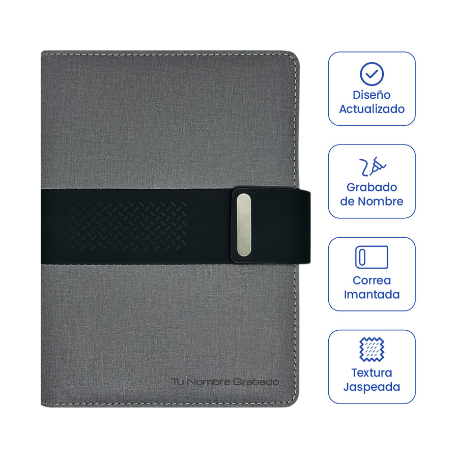 Cubierta de Libreta Ejecutiva Pioner Gris + Grabado + 100 Hojas de Repuesto