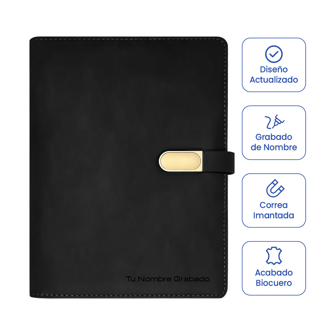 Libreta Ejecutiva Pioner Negra Clásica  + Grabado + 100 Hojas de Repuesto