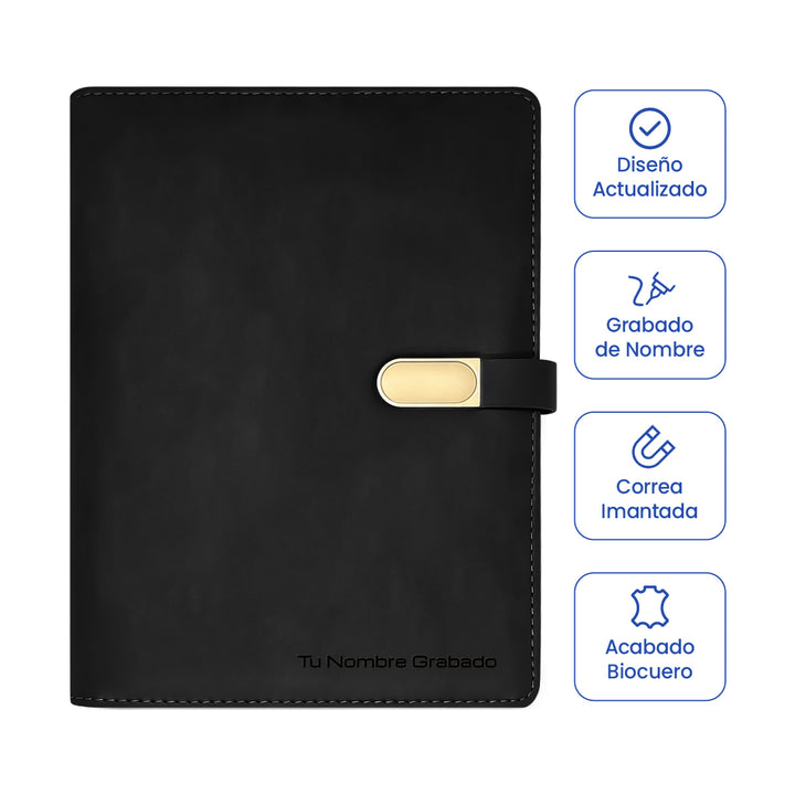 Libreta Ejecutiva Pioner Negra Clásica  + Grabado + 100 Hojas de Repuesto