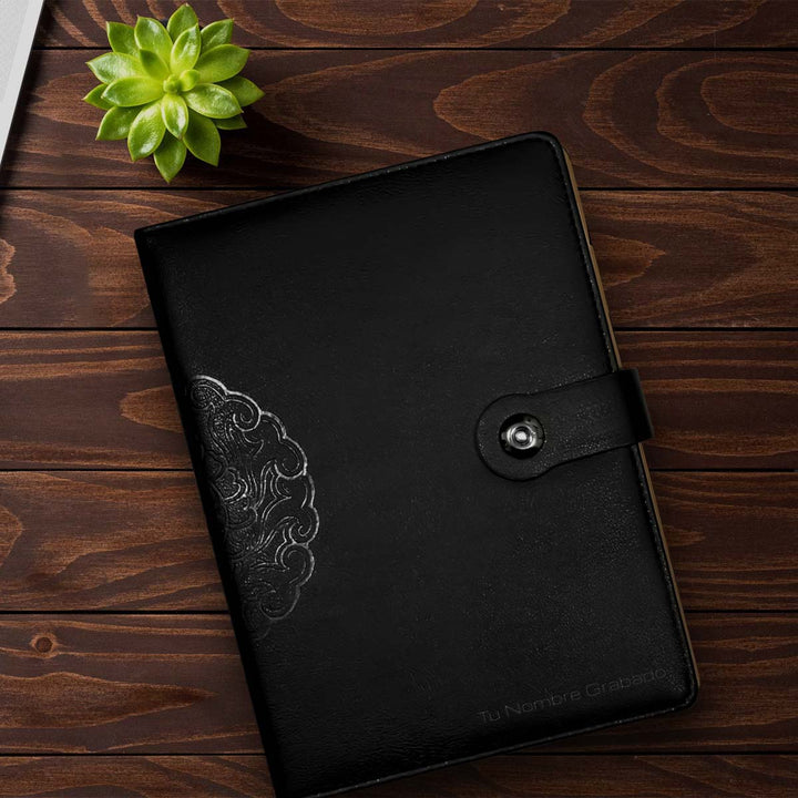 Libreta Ejecutiva Pioner Negra con Mandala + Grabado + 100 Hojas de Repuesto