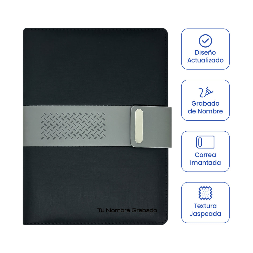 Cubierta de Libreta Ejecutiva Pioner Negra + Grabado + 100 Hojas de Repuesto.
