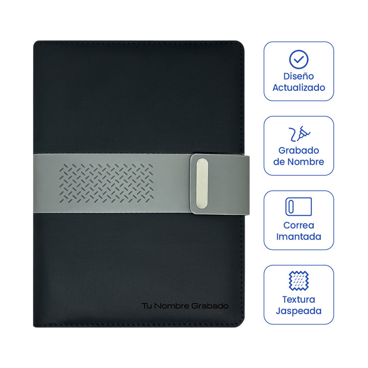 Cubierta de Libreta Ejecutiva Pioner Negra + Grabado + 100 Hojas de Repuesto.