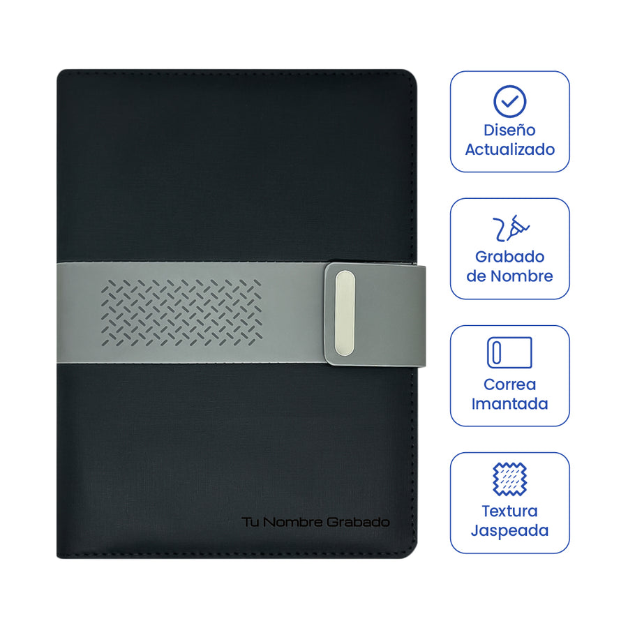 Cubierta de Libreta Ejecutiva Pioner Negra + Grabado + 100 Hojas de Repuesto.
