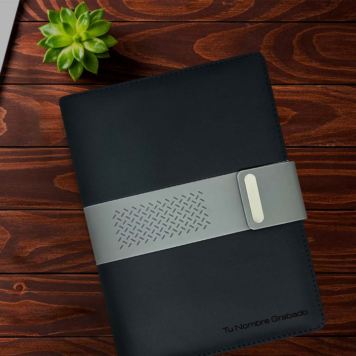 Libreta Ejecutiva Pioner Negra Jaspeada + Grabado + 100 Hojas de Repuesto