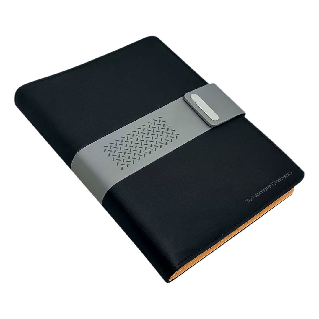 Libreta Ejecutiva Pioner Negra Jaspeada + Grabado + 100 Hojas de Repuesto