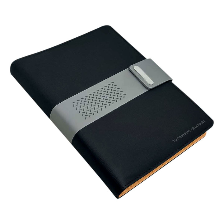 Libreta Ejecutiva Pioner Negra Jaspeada + Grabado + 100 Hojas de Repuesto