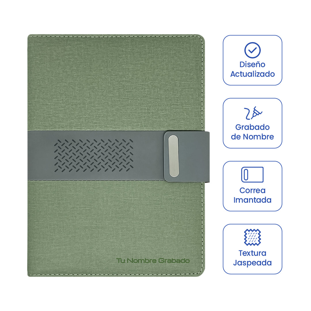 Cubierta de Libreta Ejecutiva Pioner Verde + Grabado + 100 Hojas de Repuesto.