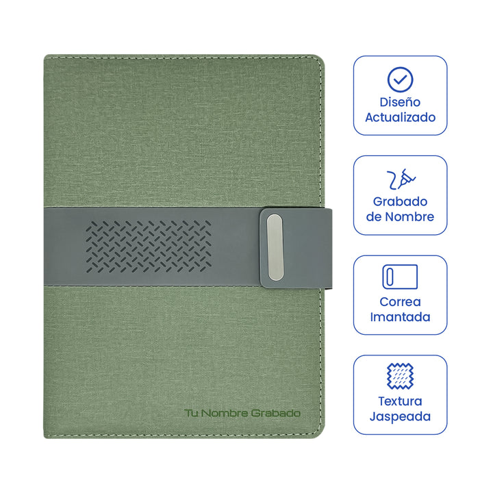 Cubierta de Libreta Ejecutiva Pioner Verde + Grabado + 100 Hojas de Repuesto.