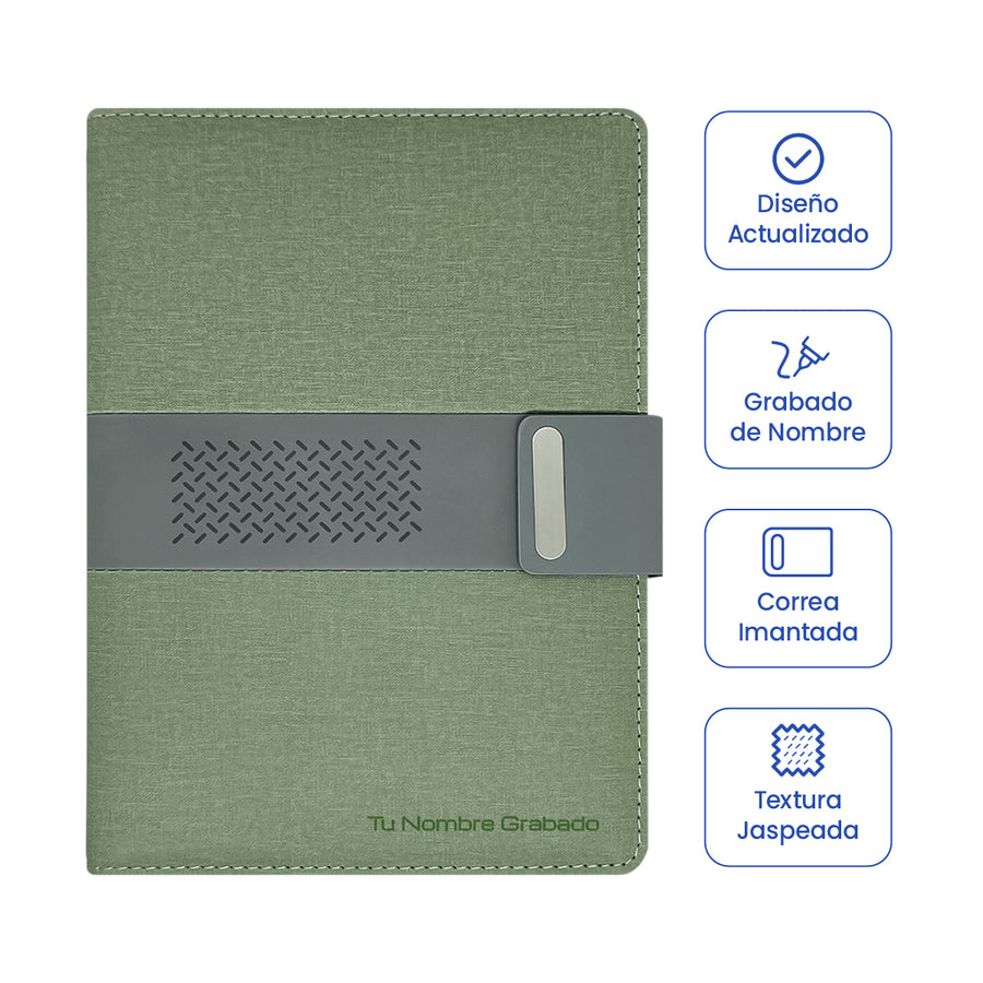 Cubierta de Libreta Ejecutiva Pioner Verde + Grabado + 100 Hojas de Repuesto.
